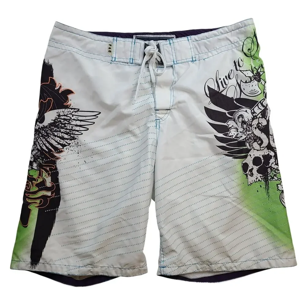 Pacific & Co Miami Board Shorts White Green Skull Surf Swim Trunks Mens 32